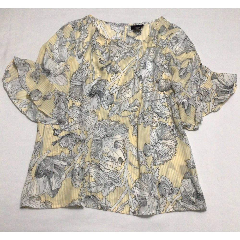 Liz Claiborne XL Floral Blouse Ruffle Flutter Sleeve Cottagecore Yellow Gray Top